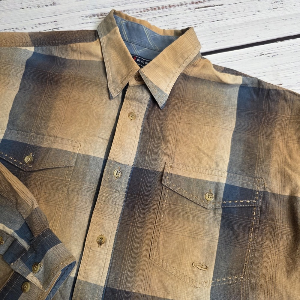 Roper Mens Large Long Sleeve Button Up Western Shirt Gold Blue Plaid Pockets